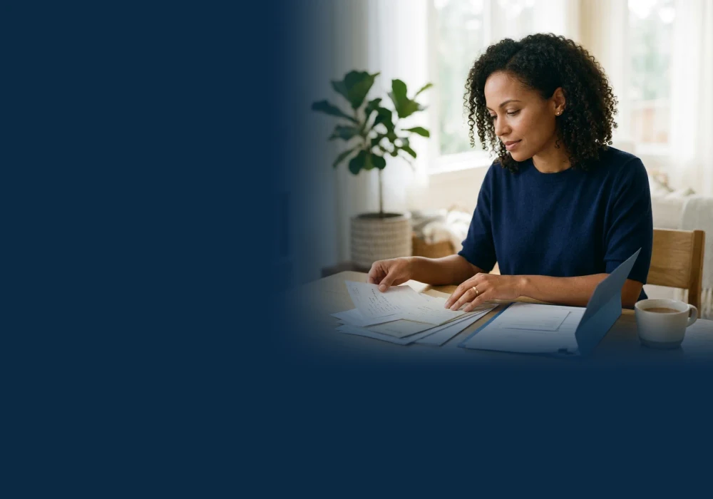 Illustrative scene of a woman calmly organizing household paperwork at her kitchen table